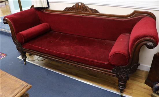 A William IV mahgoany scroll end Victorian settee, W.215cm